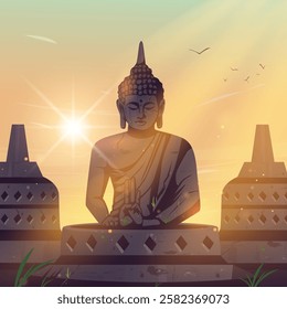 Illustration of a view of a Buddha statue at sunset