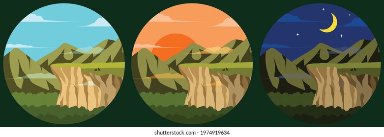 Illustration of a view of cliff mountains and sky There are wolves resting on the cliff There are three images that are three times the day sunset and night