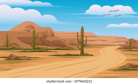 Illustration of a view of desert mountains sky and Cactus On both sides of a small road It was a day when the sky was clear the atmosphere was bright