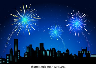 illustration of view of firework in sky on city scape