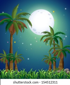 Illustration of a view of the forest under the bright fullmoon