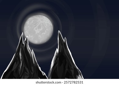 illustration of a view of the moon behind a rocky mountain with a dark blue sky background