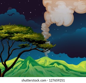 Illustration of a view of the mountain in the middle of the night