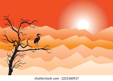Illustration view of the mountain with silhouette tree and bird on branch and sun on orange sky background.