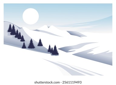 illustration of a view of mountains and snowy land accompanied by pine trees and moonlight. Suitable for backgrounds, advertisements, wall decorations, screen decorations, covers, hanging labels.