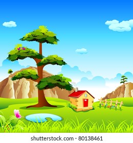 illustration of view of natural valley with hut and mountain