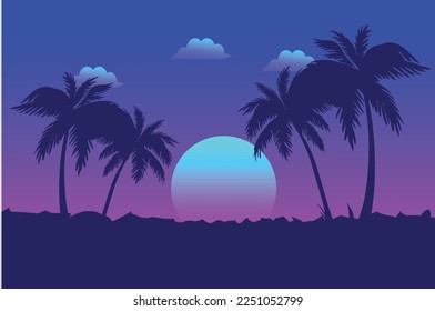 An illustration of a view at night with trees and beautiful moonlight accompanied by clouds covering the sky.