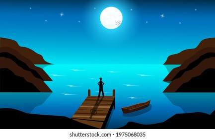 Illustration of a view of the ocean in the middle of the night