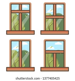 Illustration of the view outside the window. Summer time. Window day time view. Cartoon style vector eps 8. 
Landscapes. 