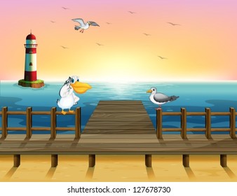Illustration of the view of the port with the birds