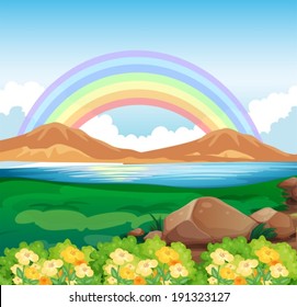 Illustration of a view of the rainbow and the beautiful nature