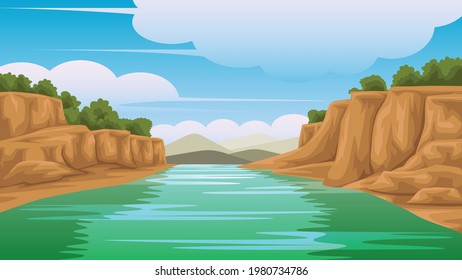 Illustration of a view of The river on the side is rocky. And there are mountains on the back  It was a day when the sky was clear the atmosphere was bright