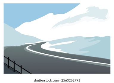 
illustration of a view of the road and the surrounding snow mountains. Suitable for backgrounds, wall decorations, posters, covers, display screens.