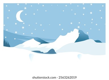 
illustration of a view of snow mountains with a crescent moon shining above them. Suitable for backgrounds, wall decorations, posters, covers, display screens.