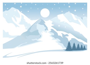 illustration of a view of snow mountains with the moon shining above. Suitable for backgrounds, wall decorations, posters, covers, display screens.