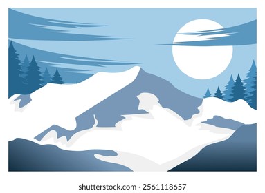 
illustration of a view of snowy mountains and pine trees behind them and moonlight. Suitable for backgrounds, advertisements, wall decorations, screen decorations, covers, hanging labels.