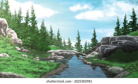 Illustration of a view of stream rock hill sky and Pine forest It was a day when the sky was clear the atmosphere was bright.
