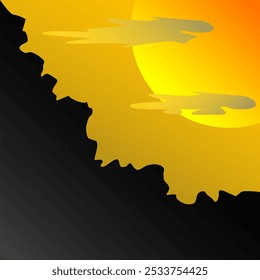 illustration view sunset landscape with orange sky, silhouettes of mountains, hills