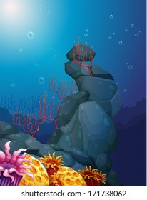 Ilustración de una vista del inframundo con rocas y arrecifes de coral