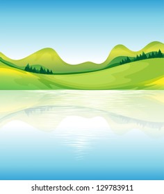 Illustration of the view of the water and the green land resources