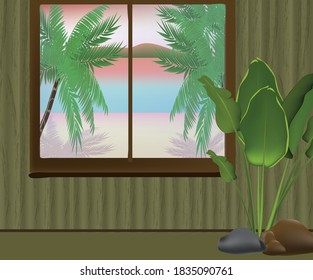 Abbildung eines Ausblicks vom Fenster zum tropischen Strand, Palmen, Meer, Holzwände, Bananenpalme zwischen Steinen