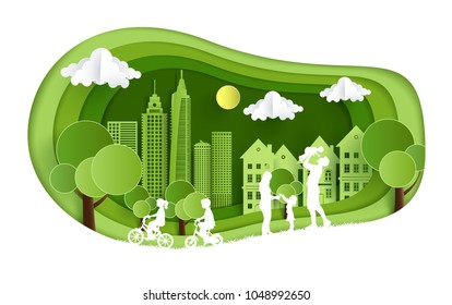 illustration with views of grass, hills, city and family fun. design paper art and crafts. green environment