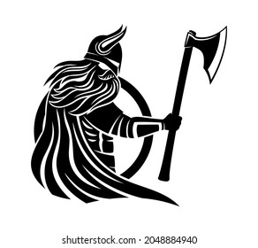 Ilustración de un viking con un hacha y un escudo sobre un fondo blanco. 