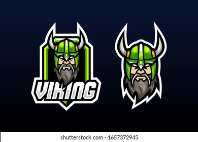 illustration of a viking head using a helmet with horns on it and an angry expression behind him there is a shield suitable for team logo or esport logo  and mascot logo, or tshirt design