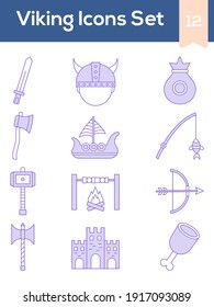 Illustration Of Viking Icons Set In Purple And White Color.