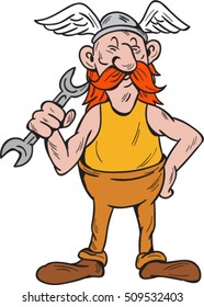 Illustration of a viking repairman standing holding spanner with one hand and the other hand on hips facing front set inside  on isolated white background done in cartoon style. 