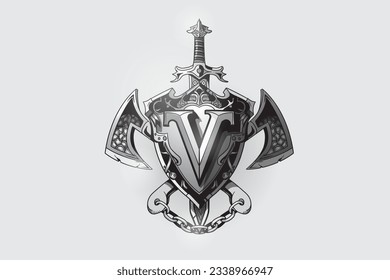 Illustration of a Viking shield with the letter V, sword and axes connected by a chain. Linear style.