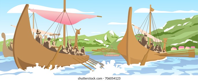 Illustration of viking ships heading towards islands