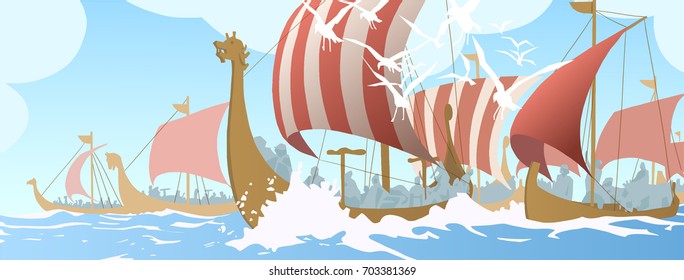 Illustration of viking ships navigating on sea