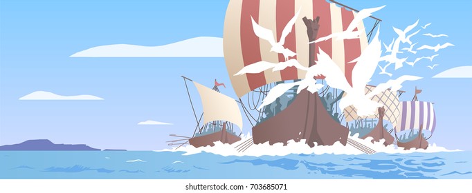 Illustration of viking ships navigating on sea