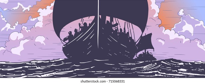 Illustration of viking ships navigating on sea in sunset