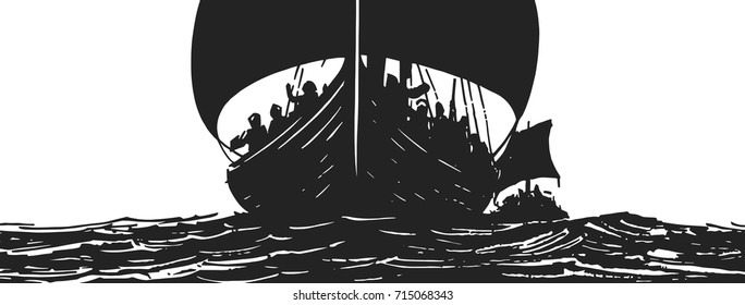 Illustration of viking ships navigating on sea in black and white
