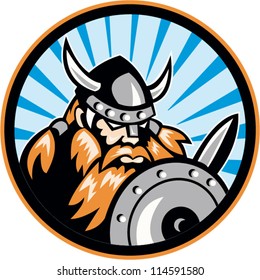 Illustration of a viking warrior raider barbarian with sword and shield set inside circle done in retro style.