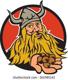 Illustration of a viking warrior raider barbarian handing hazelnut facing front set inside circle on isolated background done in retro style.