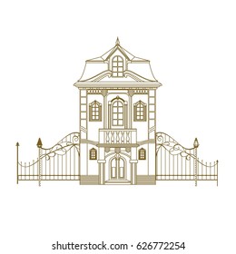 Illustration of villa with forged gate.