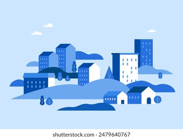 Illustration of a village with blue buildings.