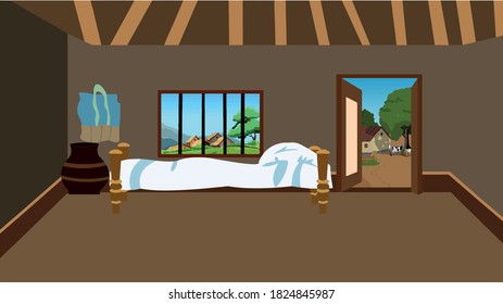 Illustration of village house interior 