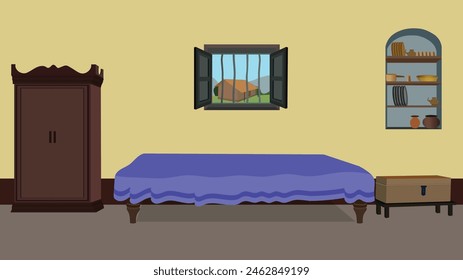 Illustration of village house interior. Indian bedroom indoor design.  poor Indian  village home  vector art