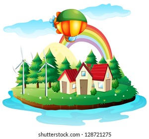 Illustration of a village in an island on a white background