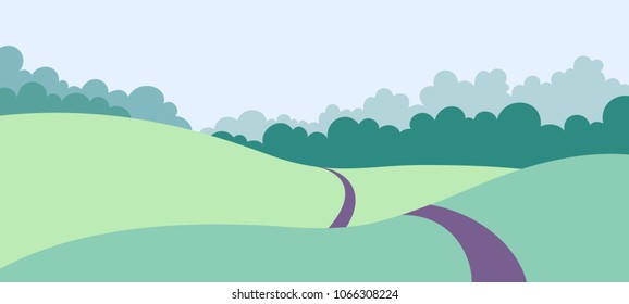 Illustration of village landscape with green field with trees 