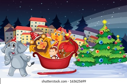 Illustration of a village with playful animals near the Christmas trees