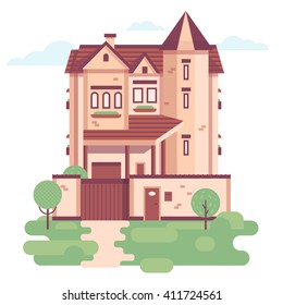 The illustration of village private house. Building with the three floors and garage doors. Flat style illustration. 100% vector, easy to edit.