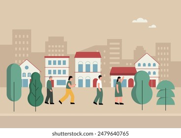 Illustration of a village with red roof buildings.