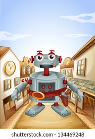 Ilustración de una aldea con un robot