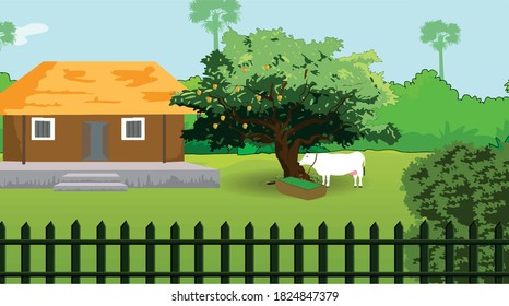 Illustration of village scene. Nature and landscape 