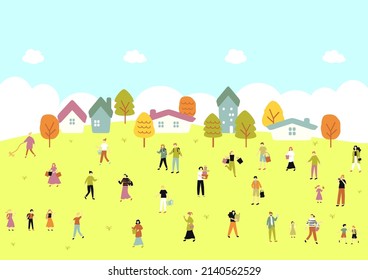 illustration of  village town landscape and lifestyle people